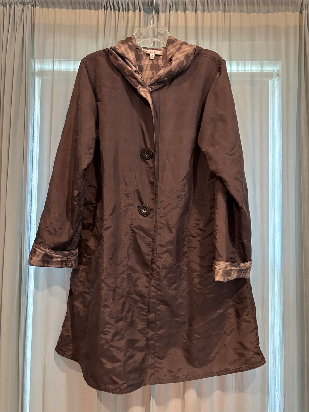 CAbi Reversible Raincoat trench black and gray houndstooth design